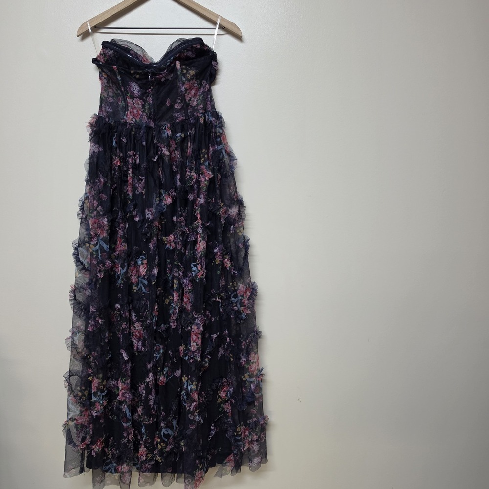 Faeriesty Womens Navy Floral Mesh Ruffled Corset Strapless Maxi Dress Sz L - Picture 5 of 10